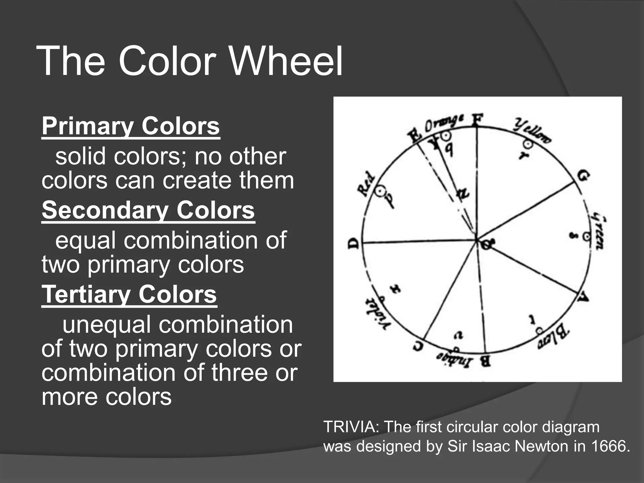 The Color Wheel
Primary Colors
solid colors; no other
colors can create them
Secondary Colors
equal combination of
two primary colors
Tertiary Colors
unequal combination
of two primary colors or
combination of three or
more colors
TRIVIA: The first circular color diagram
was designed by Sir Isaac Newton in 1666.
 