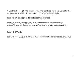 Given that T = T0 + βt (the linear heating rate is critical), we can solve (7) for the
temperature at which N(t) is a maximum (T = TP) (Redhead, again)
For n = 1 (1st order) (v1 is the first order rate constant)
(8a)E/(RTp
2) = ( v1/β)exp(-E/RTp)  TP independent of surface coverage
(note: this assumes E does not vary with surface coverage; not always true)
For n = 2 (2nd order)
(8b) E/RTP
2 = (σ0v2/β)exp(-R/TP)  TP is a function of initial surface coverage (σ0)
21
 