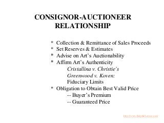 CONSIGNOR-AUCTIONEER
RELATIONSHIP
* Collection & Remittance of Sales Proceeds
* Set Reserves & Estimates
* Advise on Art’s...