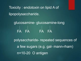Toxicity : endotoxin on lipid A of
lipopolysaccharide.
glucosamine- glucosamine-long
FA FA FA FA
polysaccharide- repeated sequences of
a few sugars (e.g. gal- mann-rham)
n=10-20 O antigen
 