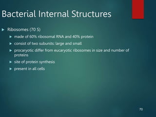 70
Bacterial Internal Structures
 Ribosomes (70 S)
 made of 60% ribosomal RNA and 40% protein
 consist of two subunits: large and small
 procaryotic differ from eucaryotic ribosomes in size and number of
proteins
 site of protein synthesis
 present in all cells
 