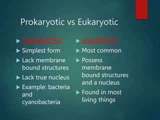 Prokaryotic vs Eukaryotic
 PROKARYOTIC
 Simplest form
 Lack membrane
bound structures
 Lack true nucleus
 Example: bacteria
and
cyanobacteria
 EUKARYOTIC
 Most common
 Possess
membrane
bound structures
and a nucleus
 Found in most
living things
 