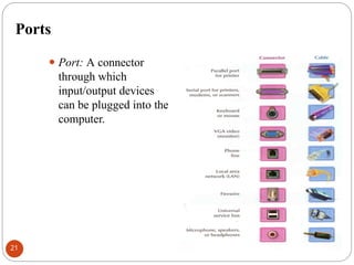 Ports
⚫ Port: A connector
through which
input/output devices
can be plugged into the
computer.
21
 