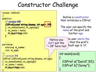 Constructor Challenge
class CSProf
{
public:
// version #4
#3
#2
#1
39)
CSProf(const string &name, int age = 39);
{ : m_name(name), m_age(age)
{ m_name = name;
// do nothing else
m_age = age;
}

Define a constructor
that initializes a CSProf.
The user can specify the
name of the prof and
his/her age.

Notice youIf the user omits the
don’t put theage, then the prof’s
default age is 39.
“= 39” here too!

...
private:
string m_name;
int m_age;
};
// version #2
#4
CSProf::CSProf(const string &name, int age)
{ : m_name(name), m_age(age)
{ m_name = name;
// do nothing else
m_age = age;
}

int main(void)
{
CSProf a(“David”,52);
CSProf b(“Carey”);
}

 