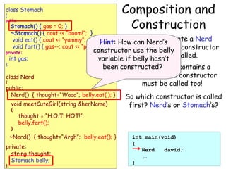 class Stomach
{

public:

Stomach() { gas = 0; }
~Stomach() { cout << “boom!”; }
void eat() { cout << “yummy”; gas ++; }
Hint:
void fart() { gas--; cout << “pffft!”; }

private:
};

int gas;

class Nerd
{

When we
How can Nerd’screate a Nerd
variable, belly
constructor use the Nerd’s constructor
variable if belly must be called.
hasn’t
been constructed?
But our Nerd contains a
Stomach, so its constructor
must be called too!

public:
Nerd() { thought=“Waaa”; belly.eat( ); }
void meetCuteGirl(string &herName)
{

}

So which constructor is called
first? Nerd’s or Stomach’s?

thought = “H.O.T. HOT!”;
belly.fart();

~Nerd() { thought=“Argh”; belly.eat(); }
private:
string thought;
Stomach belly;
};

Composition and
Construction

int main(void)
{
Nerd
david;
...
}

 
