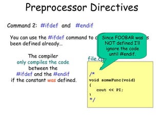 Preprocessor Directives
Command 2: #ifdef and #endif
Since a constant has
You can use the #ifdef command to check if FOOBAR was
was defined I’llI’ll
NOT defined
been defined already…

The compiler
only compiles the code
between the
#ifdef and the #endif
if the constant was defined.

compile the code
ignore the code
until #endif.
until #endif.

file.cpp

#define FOOBAR
#ifdef FOOBAR
/*
void someFunc(void)
{
cout << PI;
}
#endif
*/

 