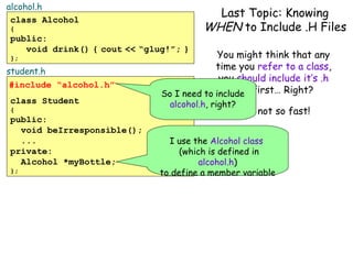alcohol.h
class Alcohol
{

public:
void drink() { cout << “glug!”; }
};

student.h
#include “alcohol.h”
class Student
{

public:
void beIrresponsible();
...
private:
Alcohol *myBottle;
};

Last Topic: Knowing
WHEN to Include .H Files

You might think that any
time you refer to a class,
you should include it’s .h
file
So I need to include first… Right?
alcohol.h, right?

Well, not so fast!

I use the Alcohol class
(which is defined in
alcohol.h)
to define a member variable

 