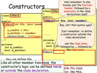 And remember to also
include just the function
header, followed by a
class CSNerd semicolon, in the class
{
declaration itself.

Constructors

class CSNerd
public:
{
CSNerd(int PCs, bool usesMac);
public:
{
CSNerd(int PCs, bool usesMac)
m_numPCs Boy, isn’t that syntax ugly?
= PCs;
{
m_macUser = usesMac;
m_numPCs = PCs;
Just remember, to define
}
m_macUser = usesMac;
...
a constructor outside the
} return(true); //illegal!
class declaration:
}
private:
...
private:
int m_numPCs;
bool m_macUser;
};

int m_numPCs;use the class name,
bool m_macUser; by ::, followed by
followed
};
the class name.
CSNerd::

You can define the
LikeconstructorA theno return is a special
constructor
To summarize…inhas class
constructor type! It’s not
The all other member functions, the
declaration (see not void, int, have new
constructor’sit’s above)…be defined inside
function in your logic can initializes athe
The constructor function
allowed! Notice class thatMUST or bool. Or, outside the class
variable whennot first created.
SAME NAME AS class to return a value.
or outside the alloweddeclaration. declaration, like this…
And thus it’s its THE CLASS!

 