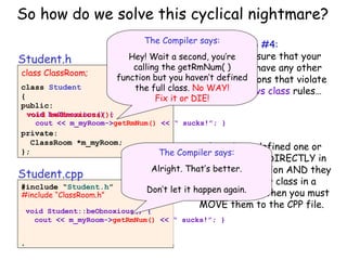 So how do we solve this cyclical nightmare?
The Compiler says:

Step #4:
Finally, make sure that your
Hey! Wait a second, you’re
Student.h
calling the getRmNum( )
class doesn’t have any other
#include “ClassRoom.h”
class ClassRoom;
function but you haven’t defined
member functions that violate
class Student
the full class. No WAY!
our #include vs class rules…
{
public:
void beObnoxious() {
void beObnoxious();
…

Fix it or DIE!

cout << m_myRoom->getRmNum() << “ sucks!”; }

private:
ClassRoom *m_myRoom;
};

If you have defined one or
more functions DIRECTLY in
Alright. That’s better.
your class definition AND they
Student.cpp
use your other class in a
#include “Student.h”
Don’t let it happen again.
significant way, then you must
#include “ClassRoom.h”
void Student::printMyClassRoom()
MOVE them to the CPP file.
The Compiler says:

{void Student::beObnoxious() {
cout << m_myRoom->getRmNum() << “ sucks!”; }
cout <<“I’m in Boelter #” <<
m_myRoom->getRmNum();
}

 