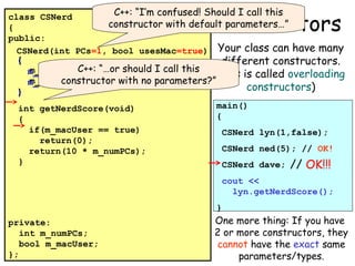 C++: “I’m confused! Should I call this
class CSNerd
constructor with default parameters…”
{
public:
CSNerd(int PCs, bool usesMac = true)
CSNerd()
CSNerd(int PCs=1, bool usesMac=true) Your class can have many
{
different constructors.
C++:
m_numPCs = PCs;
m_numPCs = 1; “…or should I call this
(this is called overloading
m_macUser = false;
= usesMac;
constructor with no parameters?”
m_macUser
constructors)
}
main()
int getNerdScore(void)
{
{

Constructors

if(m_macUser == true)
return(0);
return(10 * m_numPCs);
}

CSNerd lyn(1,false);
CSNerd ned(5); // OK!
CSNerd dave; // OK!!!
//invalid!
cout <<
lyn.getNerdScore();
}

private:
int m_numPCs;
bool m_macUser;
};

One more thing: If you have
2 or more constructors, they
cannot have the exact same
parameters/types.

 