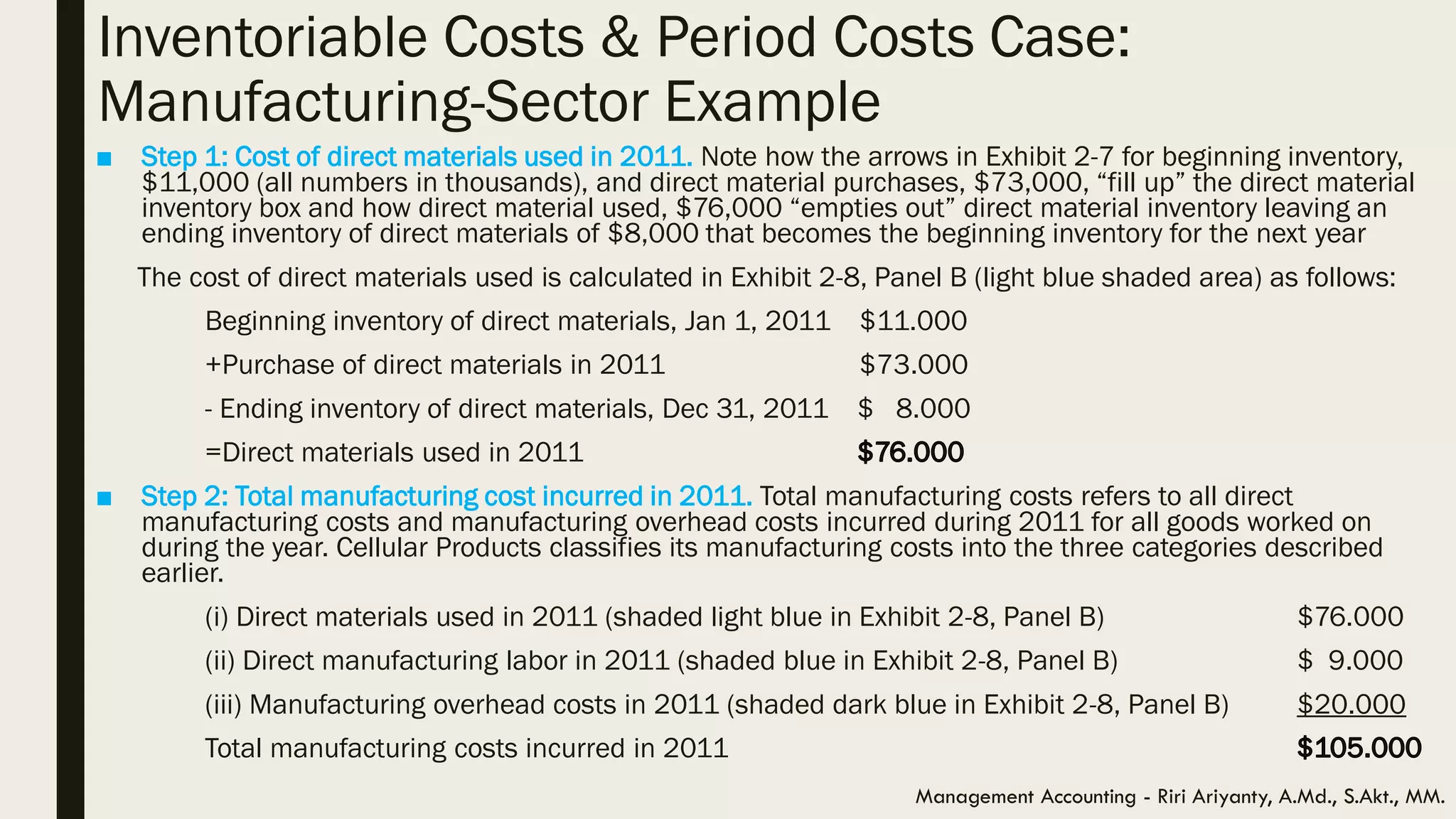 Inventoriable Costs & Period Costs Case:
Manufacturing-Sector Example
Management Accounting - Riri Ariyanty, A.Md., S.Akt., MM.
■ Step 1: Cost of direct materials used in 2011. Note how the arrows in Exhibit 2-7 for beginning inventory,
$11,000 (all numbers in thousands), and direct material purchases, $73,000, “fill up” the direct material
inventory box and how direct material used, $76,000 “empties out” direct material inventory leaving an
ending inventory of direct materials of $8,000 that becomes the beginning inventory for the next year
The cost of direct materials used is calculated in Exhibit 2-8, Panel B (light blue shaded area) as follows:
Beginning inventory of direct materials, Jan 1, 2011 $11.000
+Purchase of direct materials in 2011 $73.000
- Ending inventory of direct materials, Dec 31, 2011 $ 8.000
=Direct materials used in 2011
■ Step 2: Total manufacturing cost incurred in 2011. Total manufacturing costs refers to all direct
manufacturing costs and manufacturing overhead costs incurred during 2011 for all goods worked on
during the year. Cellular Products classifies its manufacturing costs into the three categories described
earlier.
(i) Direct materials used in 2011 (shaded light blue in Exhibit 2-8, Panel B) $76.000
(ii) Direct manufacturing labor in 2011 (shaded blue in Exhibit 2-8, Panel B) $ 9.000
(iii) Manufacturing overhead costs in 2011 (shaded dark blue in Exhibit 2-8, Panel B) $20.000
Total manufacturing costs incurred in 2011
 
