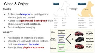 Class & Object
CLASS
● A class is a blueprint or prototype from
which objects are created
● A class is a generalized description of an
object. No physical existence.
● Acts as a type or category.
OBJECT
● An object is an instance of a class
● Objects are real-world entities that has
their own state and behavior.
● An object has physical existence
 