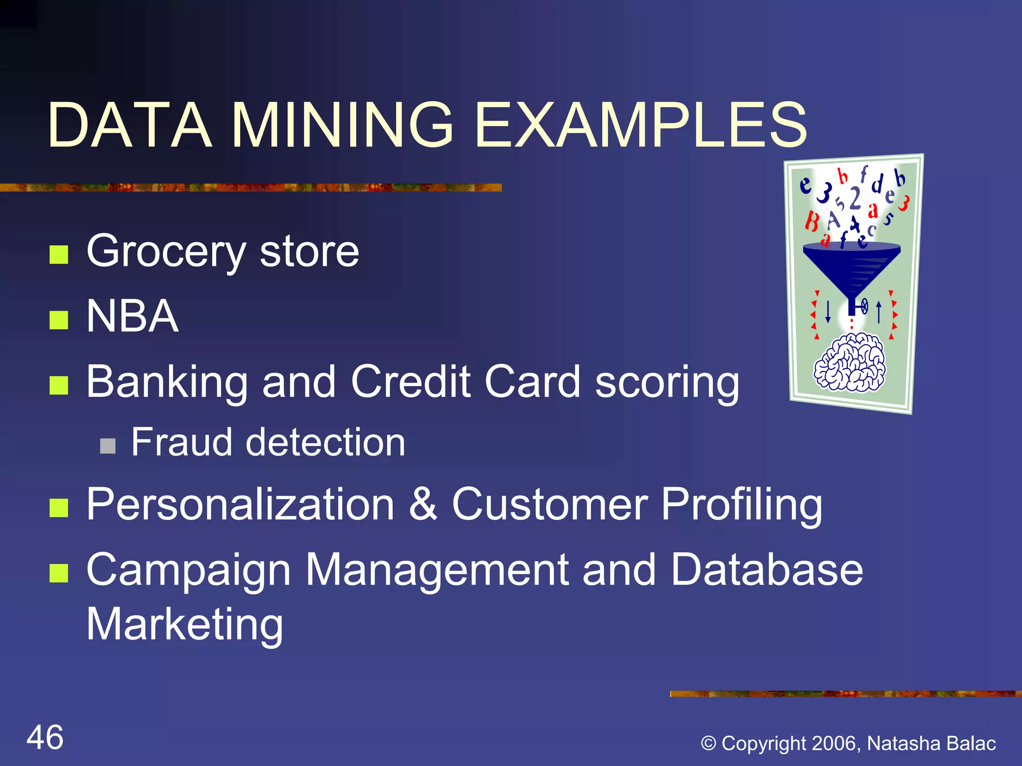 DATA MINING EXAMPLES 
 Grocery store 
 NBA 
 Banking and Credit Card scoring 
 Fraud detection 
 Personalization & Customer Profiling 
 Campaign Management and Database 
Marketing 
46 © Copyright 2006, Natasha Balac 
 