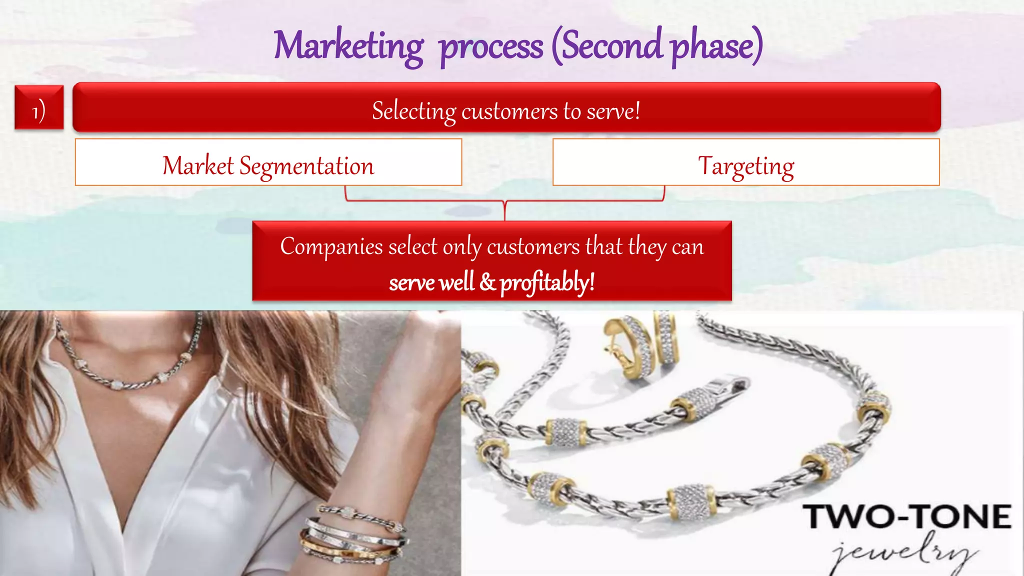 Marketing process (Second phase)
1) Selecting customers to serve!
Market Segmentation Targeting
Companies select only customers that they can
serve well & profitably!
 