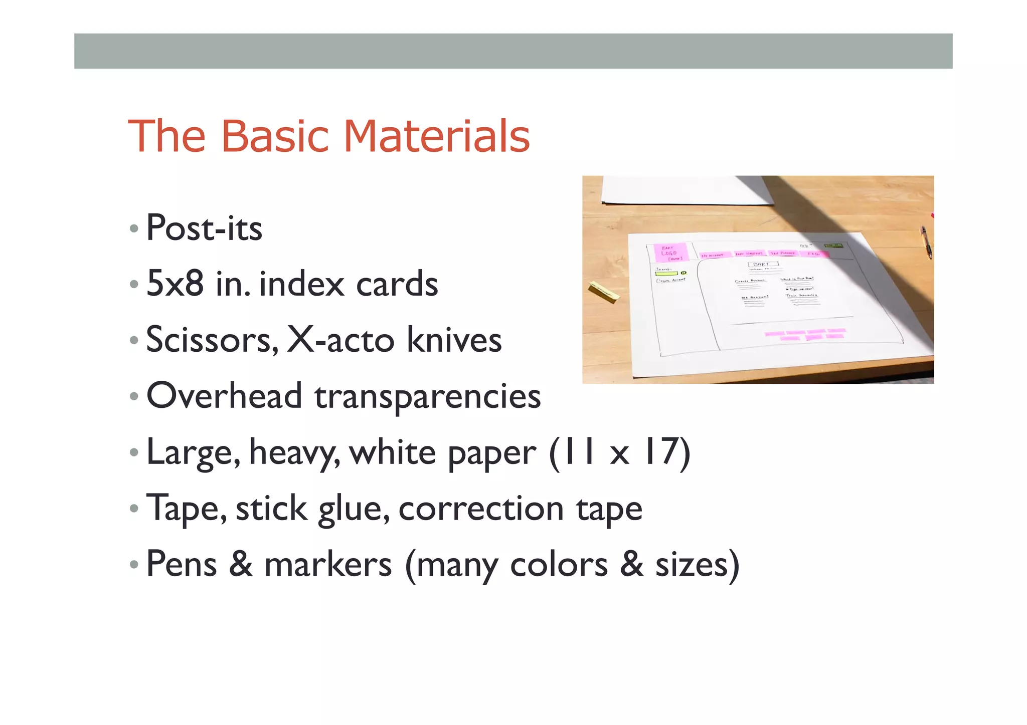 The Basic Materials
• Post-its
• 5x8 in. index cards
• Scissors, X-acto knives
• Overhead transparencies
• Large, heavy, white paper (11 x 17)
• Tape, stick glue, correction tape
• Pens & markers (many colors & sizes)
 