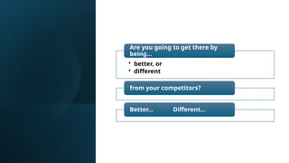 • better, or
• different
Are you going to get there by
being…
from your competitors?
Better… Different…
 