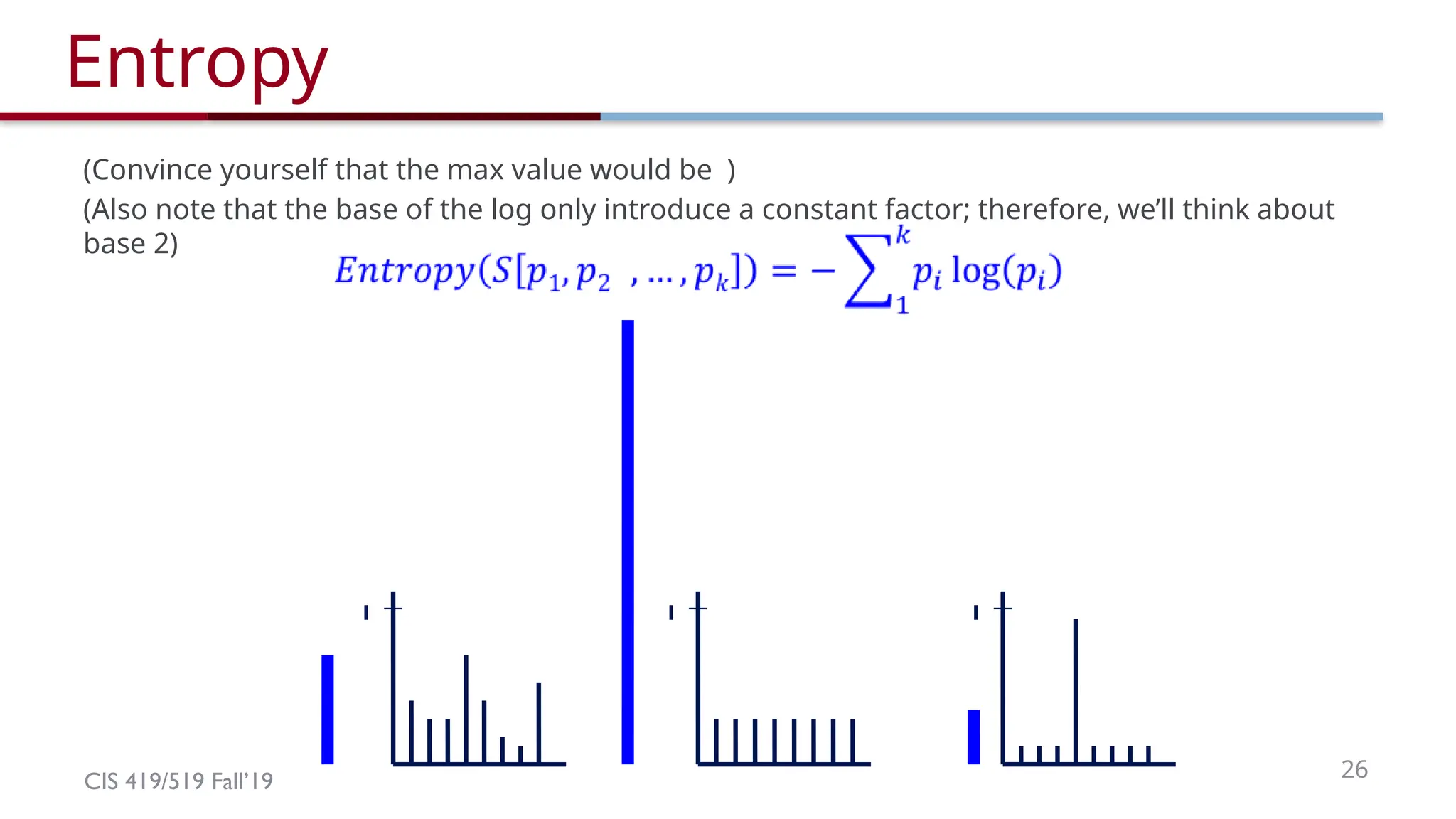 CIS 419/519 Fall’19 26
Entropy
1 1 1
(Convince yourself that the max value would be )
(Also note that the base of the log only introduce a constant factor; therefore, we’ll think about
base 2)
 