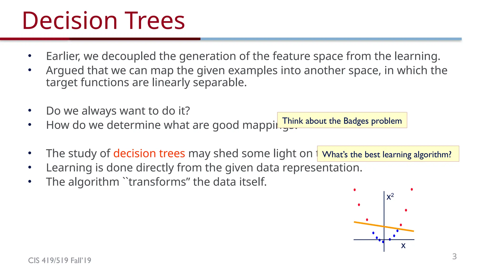 CIS 419/519 Fall’19 3
Decision Trees
• Earlier, we decoupled the generation of the feature space from the learning.
• Argued that we can map the given examples into another space, in which the
target functions are linearly separable.
• Do we always want to do it?
• How do we determine what are good mappings?
• The study of decision trees may shed some light on this.
• Learning is done directly from the given data representation.
• The algorithm ``transforms” the data itself.
Think about the Badges problem
x
x2
What’s the best learning algorithm?
 