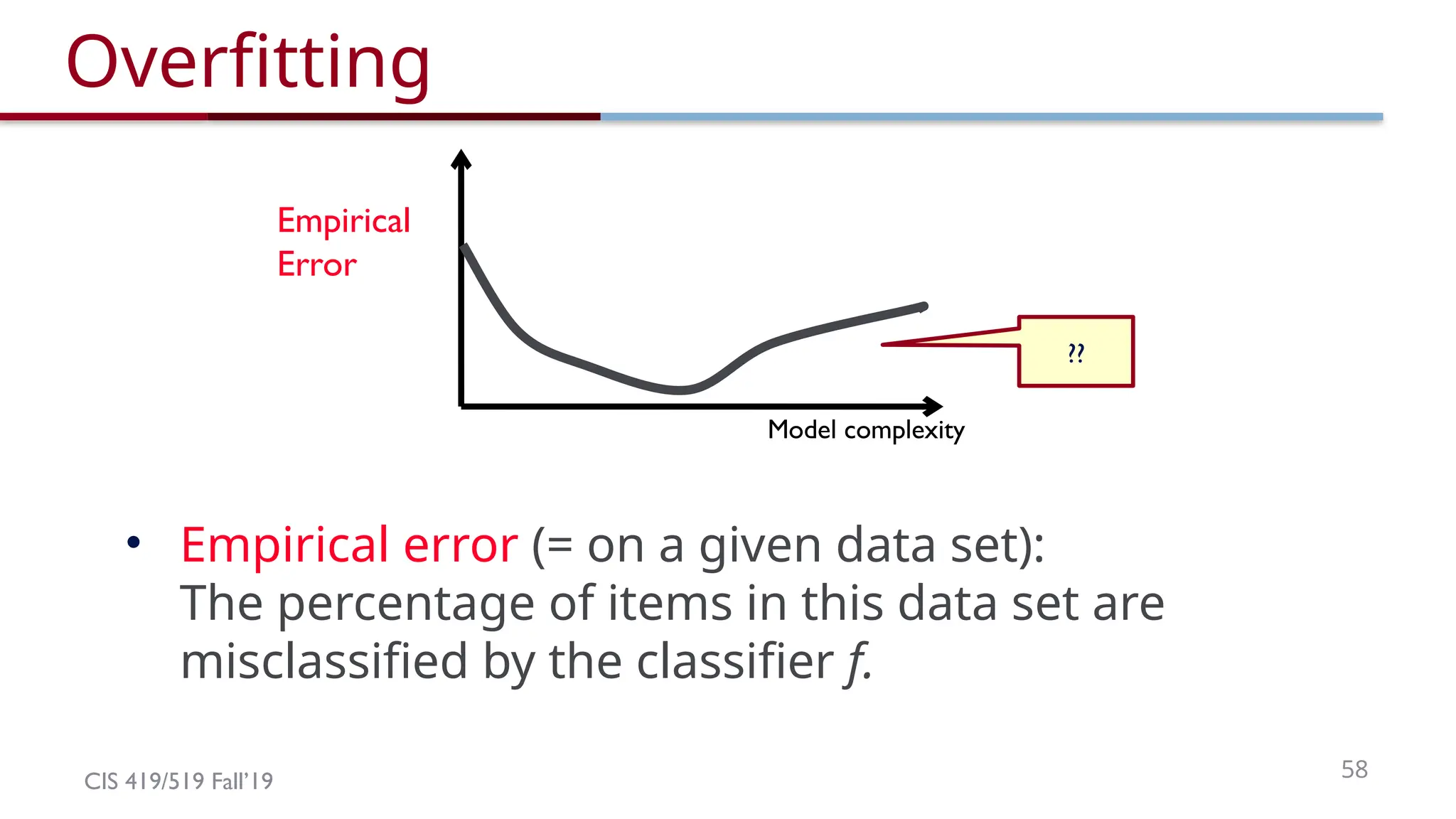 CIS 419/519 Fall’19 58
Model complexity
Empirical
Error
Overfitting
• Empirical error (= on a given data set):
The percentage of items in this data set are
misclassified by the classifier f.
??
 