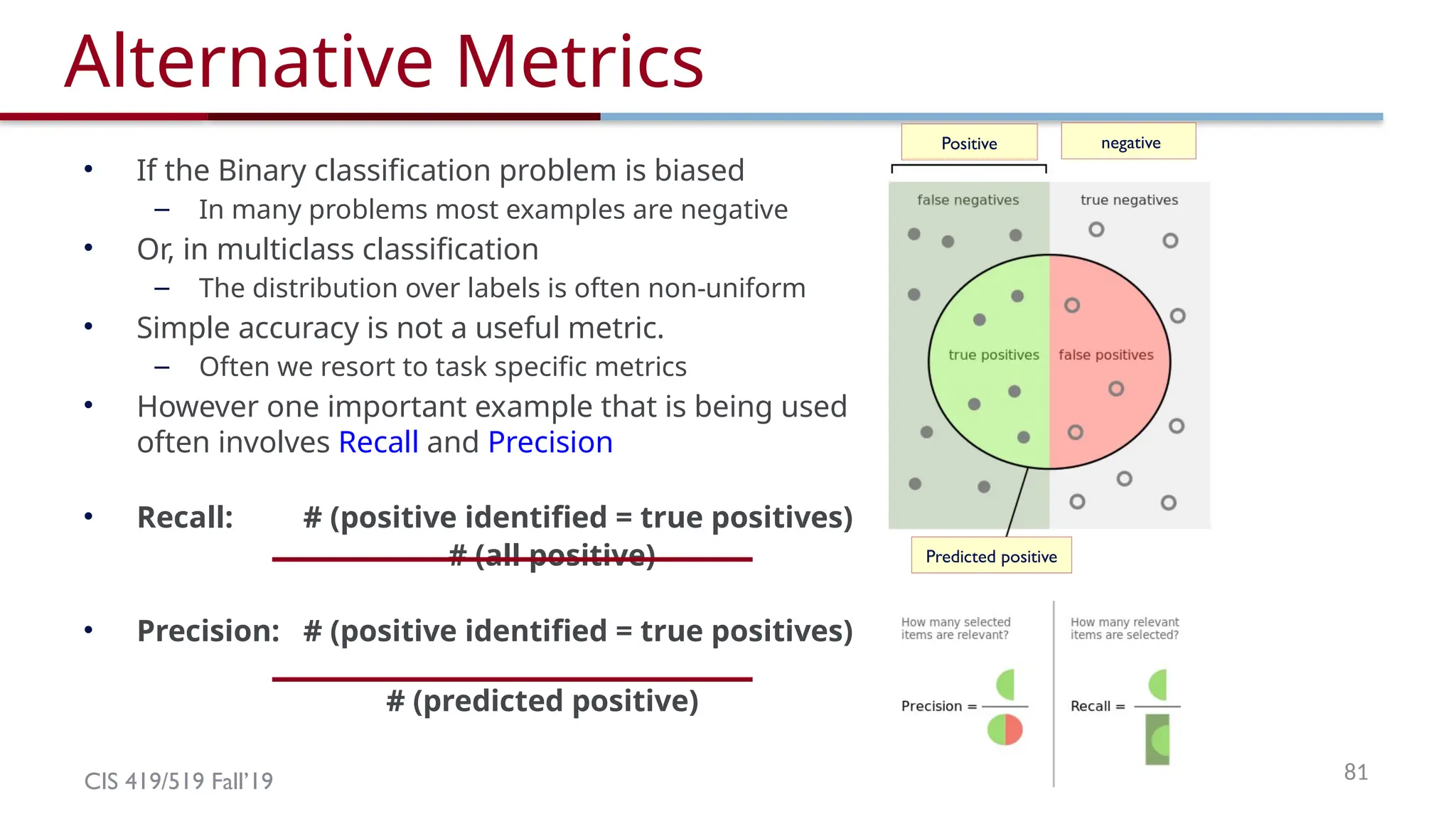 CIS 419/519 Fall’19 81
Alternative Metrics
• If the Binary classification problem is biased
– In many problems most examples are negative
• Or, in multiclass classification
– The distribution over labels is often non-uniform
• Simple accuracy is not a useful metric.
– Often we resort to task specific metrics
• However one important example that is being used
often involves Recall and Precision
• Recall: # (positive identified = true positives)
# (all positive)
• Precision: # (positive identified = true positives)
# (predicted positive)
Predicted positive
Positive negative
 