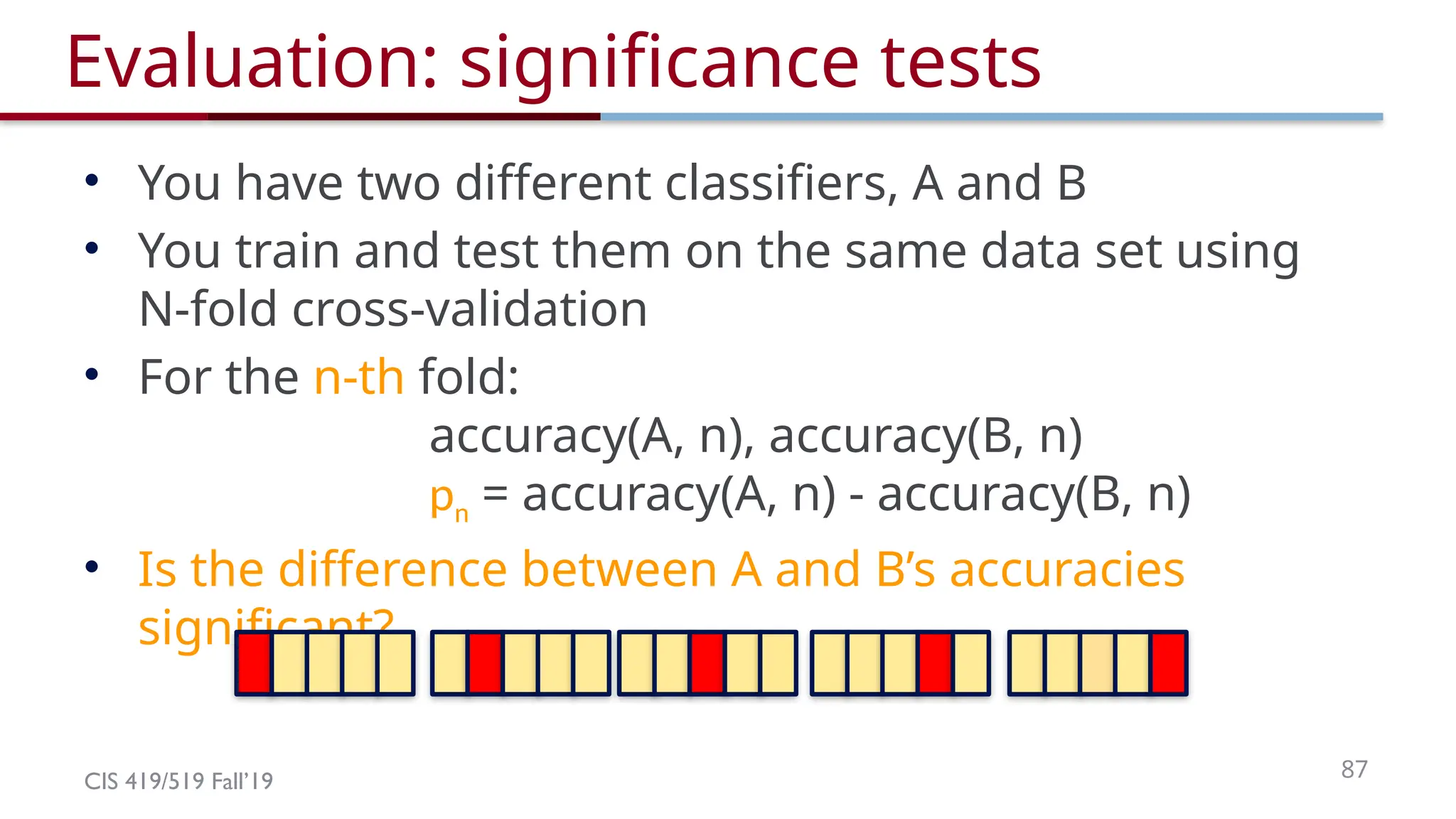 CIS 419/519 Fall’19 87
Evaluation: significance tests
• You have two different classifiers, A and B
• You train and test them on the same data set using
N-fold cross-validation
• For the n-th fold:
accuracy(A, n), accuracy(B, n)
pn = accuracy(A, n) - accuracy(B, n)
• Is the difference between A and B’s accuracies
significant?
 