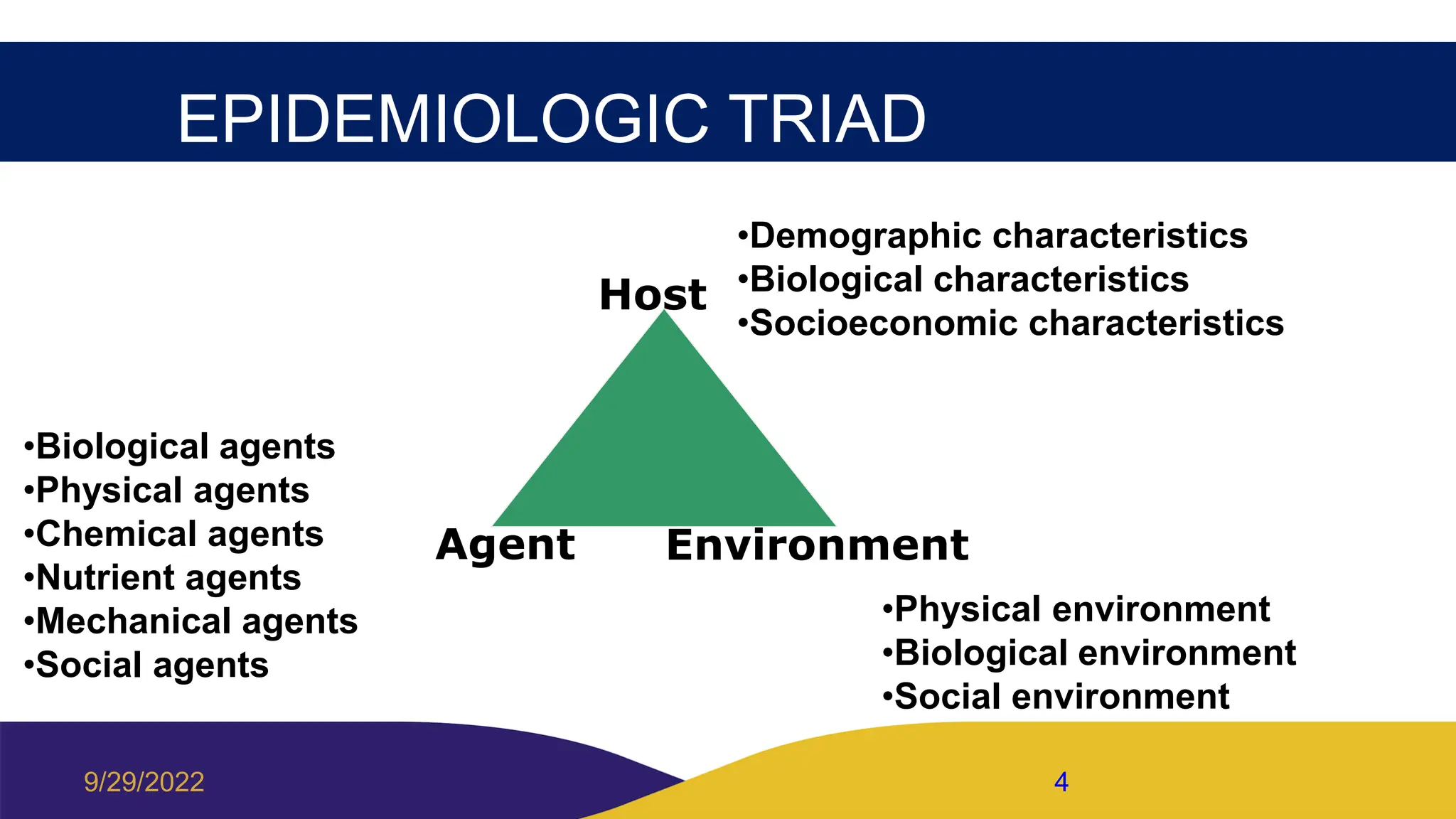 EPIDEMIOLOGIC TRIAD
Host
Agent Environment
•Demographic characteristics
•Biological characteristics
•Socioeconomic characteristics
•Biological agents
•Physical agents
•Chemical agents
•Nutrient agents
•Mechanical agents
•Social agents
•Physical environment
•Biological environment
•Social environment
9/29/2022 4
 