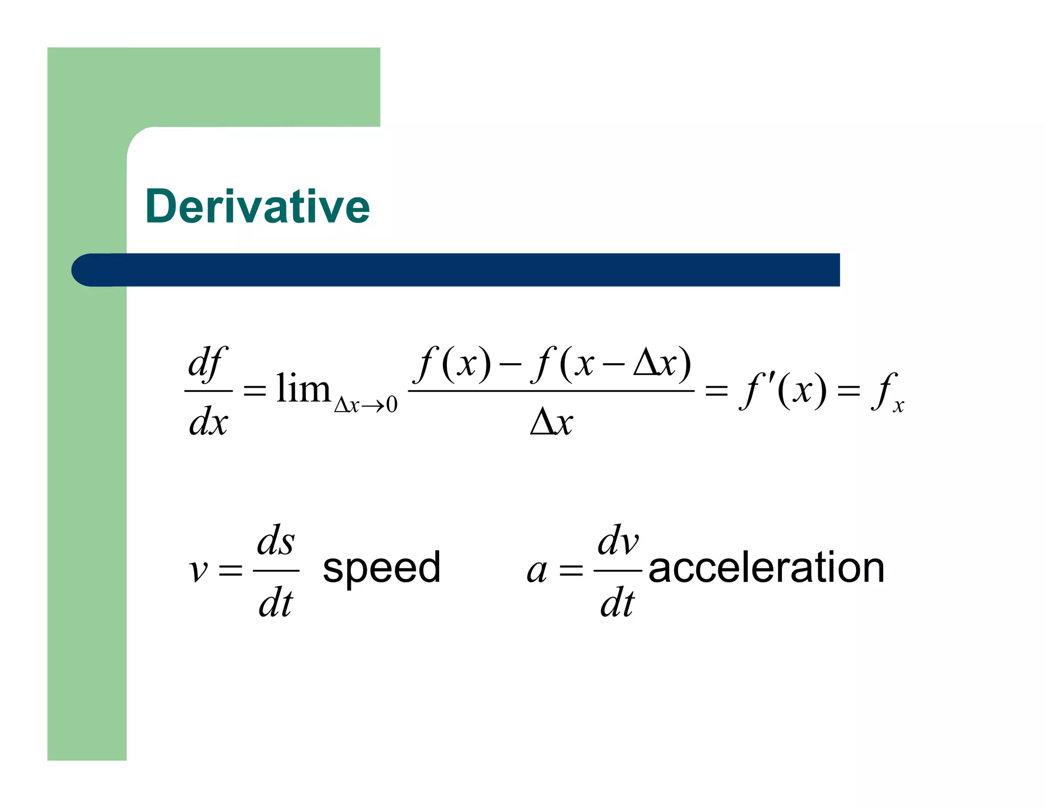 Derivative
x
x f
x
f
x
x
x
f
x
f
dx
df







 
 )
(
)
(
)
(
lim 0
on
accelerati
speed
dt
dv
a
dt
ds
v 

 