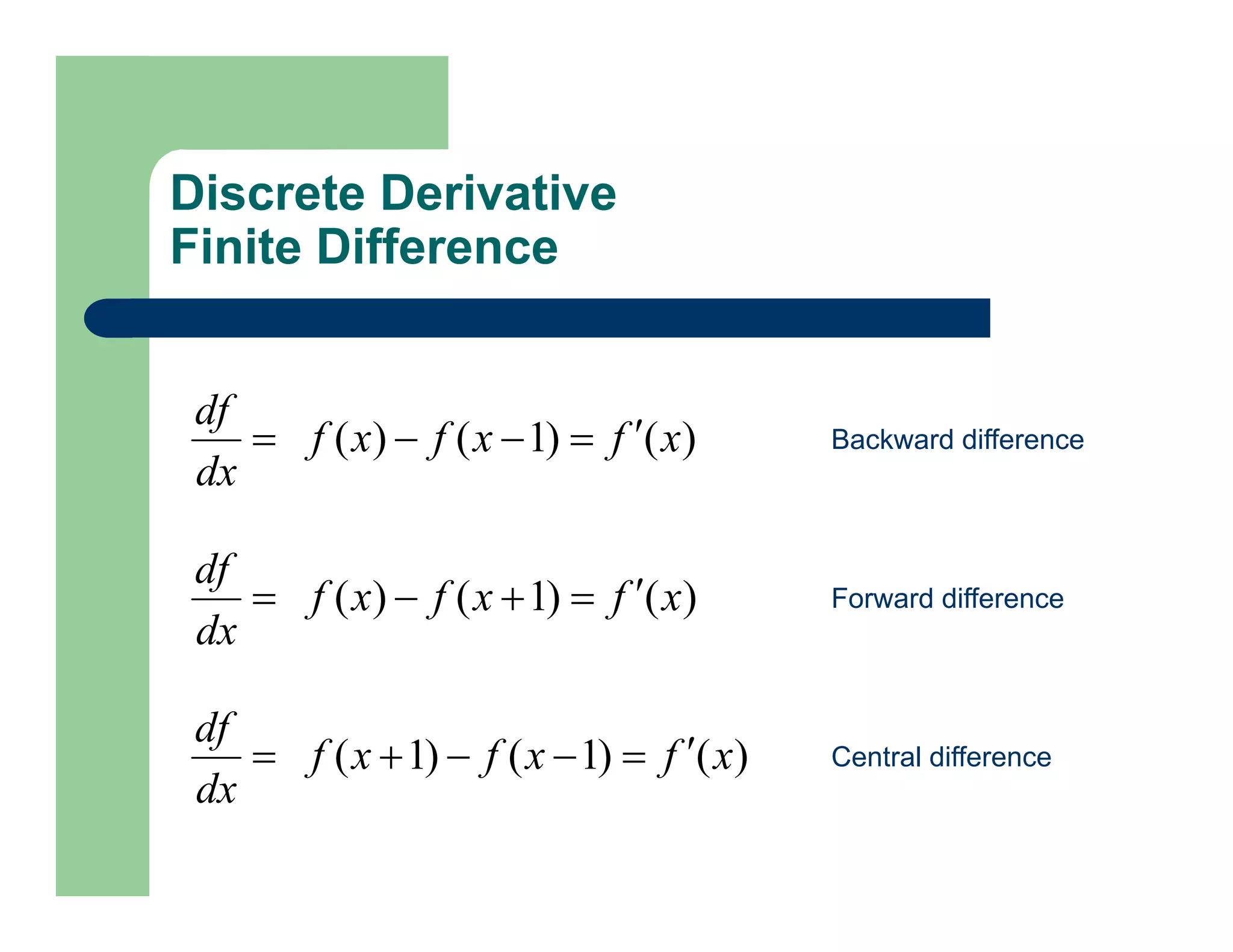 Discrete Derivative
Finite Difference
)
(
)
1
(
)
1
( x
f
x
f
x
f
dx
df






)
(
)
1
(
)
( x
f
x
f
x
f
dx
df





)
(
)
1
(
)
( x
f
x
f
x
f
dx
df




 Backward difference
Forward difference
Central difference
 