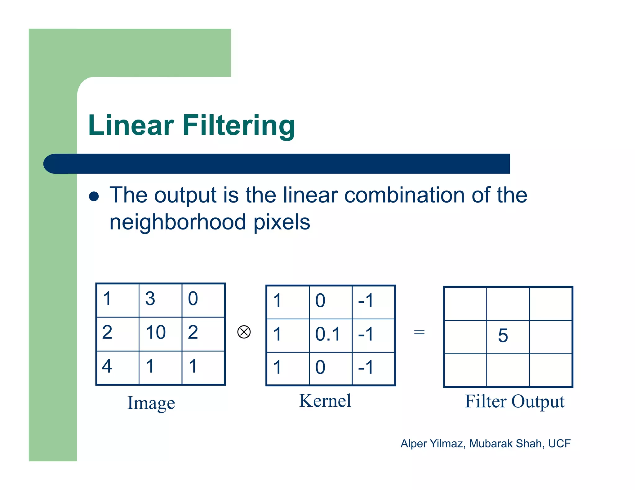 Linear Filtering
 The output is the linear combination of the
neighborhood pixels
1 3 0
2 10 2
4 1 1
Image
1 0 -1
1 0.1 -1
1 0 -1
Kernel
= 5
Filter Output

Alper Yilmaz, Mubarak Shah, UCF
 