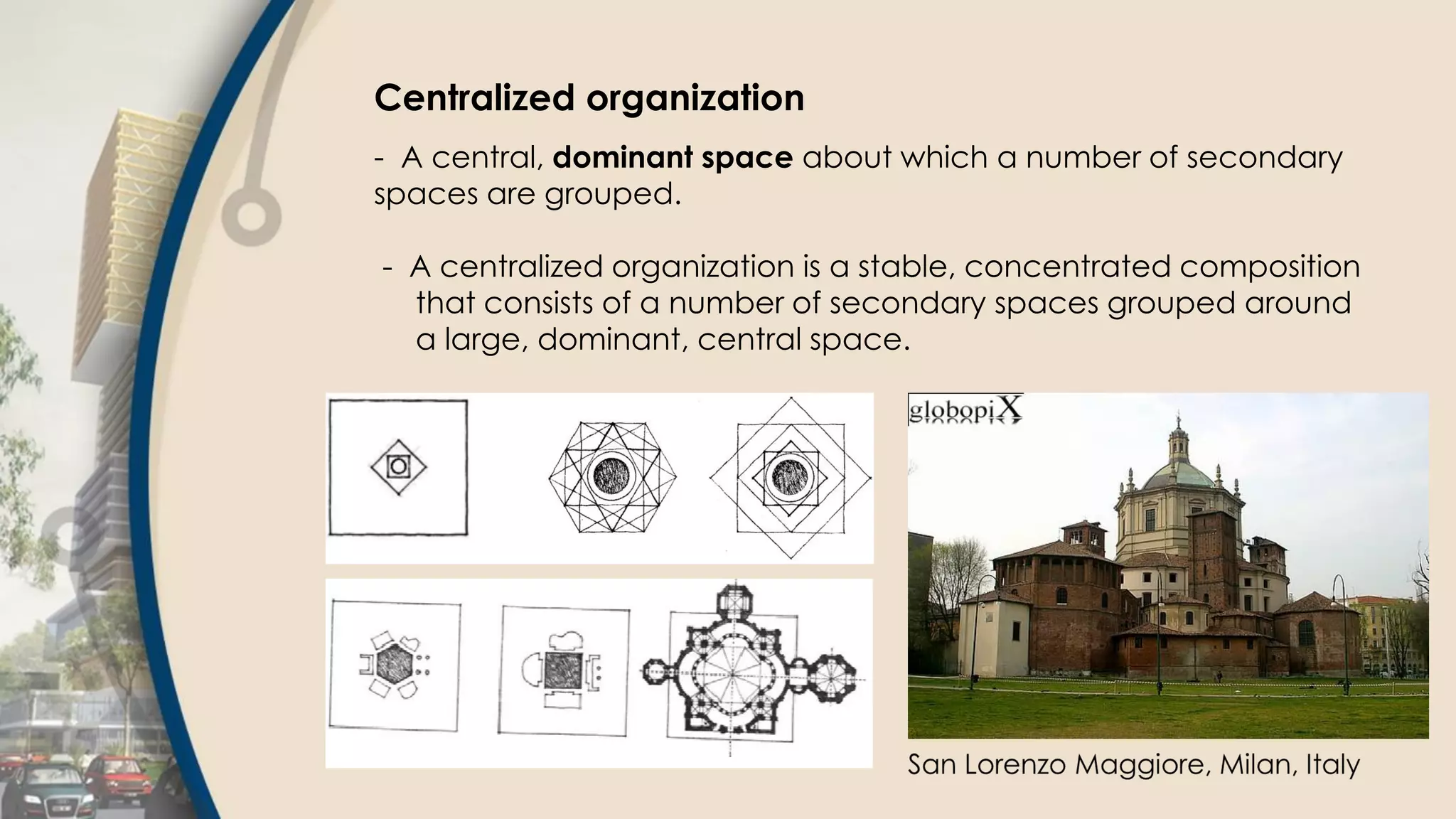 Centralized organization
- A central, dominant space about which a number of secondary
spaces are grouped.
- A centralized organization is a stable, concentrated composition
that consists of a number of secondary spaces grouped around
a large, dominant, central space.
 