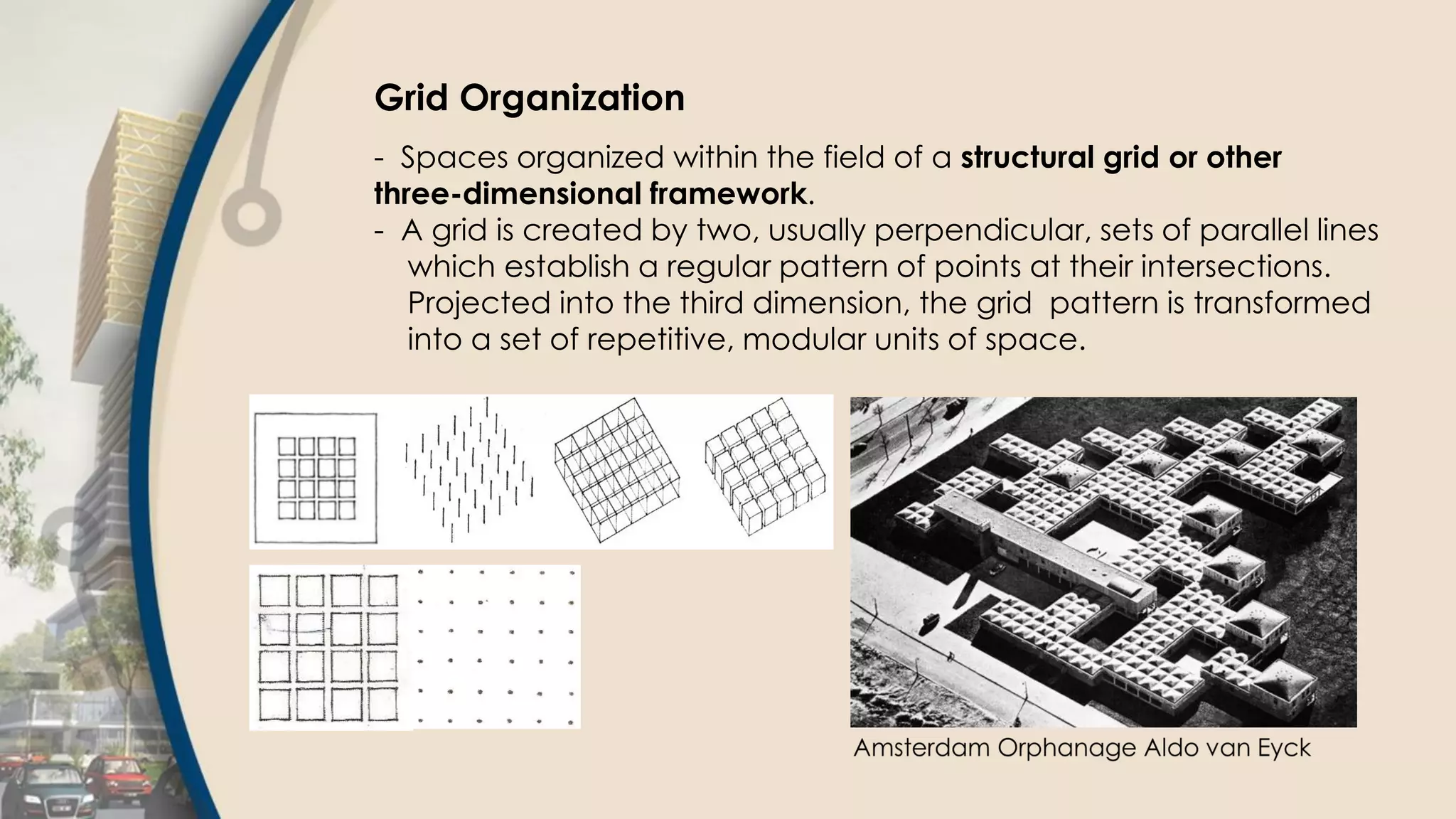 Grid Organization
- Spaces organized within the field of a structural grid or other
three-dimensional framework.
- A grid is created by two, usually perpendicular, sets of parallel lines
which establish a regular pattern of points at their intersections.
Projected into the third dimension, the grid pattern is transformed
into a set of repetitive, modular units of space.
 