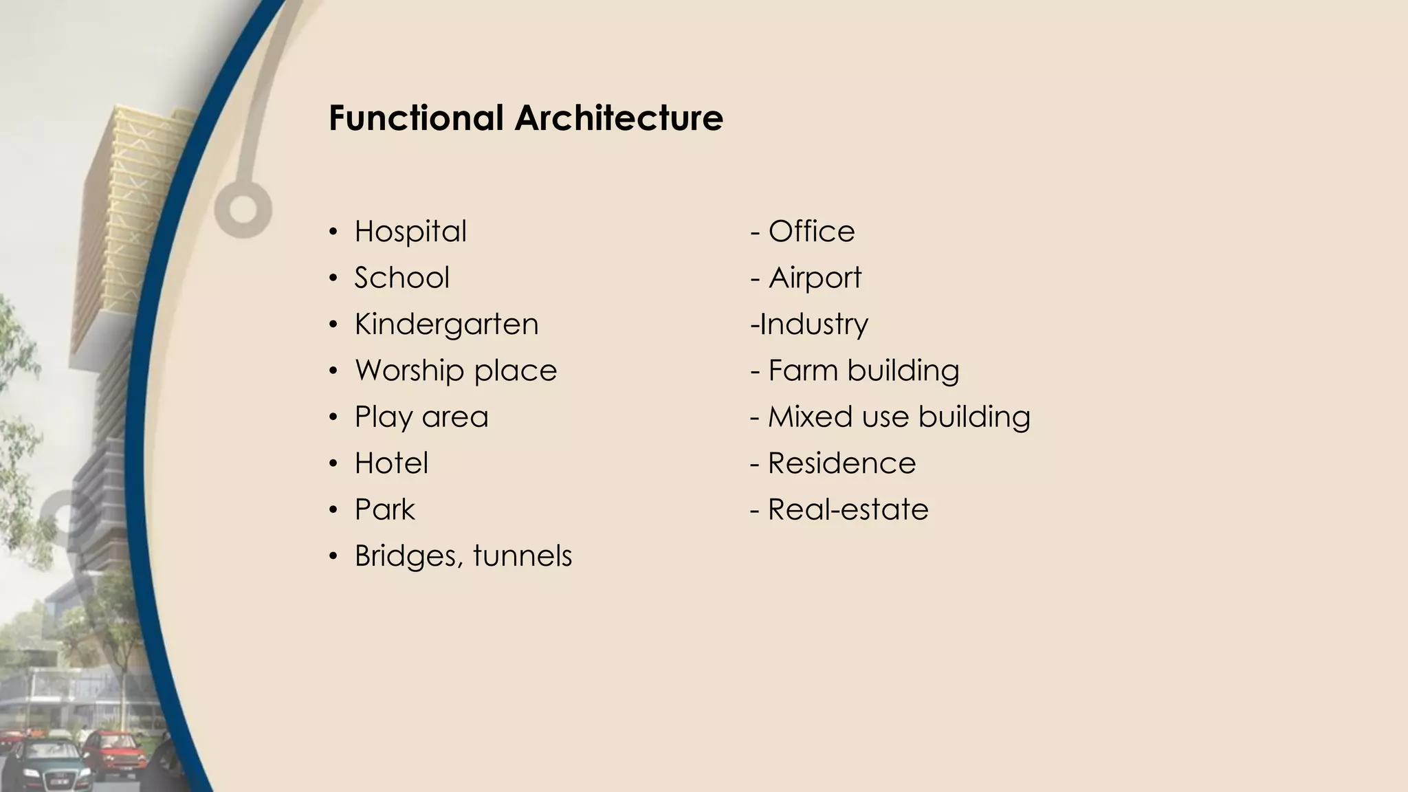 Functional Architecture
• Hospital - Office
• School - Airport
• Kindergarten -Industry
• Worship place - Farm building
• Play area - Mixed use building
• Hotel - Residence
• Park - Real-estate
• Bridges, tunnels
 