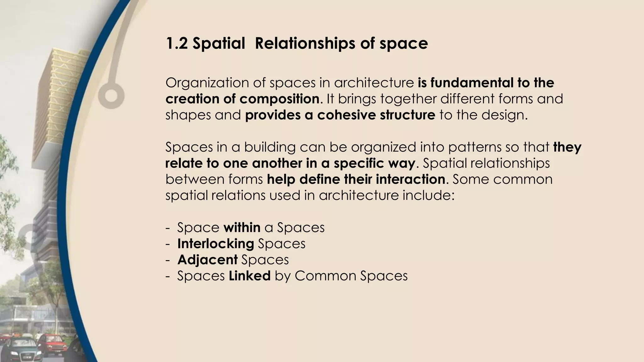 1.2 Spatial Relationships of space
Organization of spaces in architecture is fundamental to the
creation of composition. It brings together different forms and
shapes and provides a cohesive structure to the design.
Spaces in a building can be organized into patterns so that they
relate to one another in a specific way. Spatial relationships
between forms help define their interaction. Some common
spatial relations used in architecture include:
- Space within a Spaces
- Interlocking Spaces
- Adjacent Spaces
- Spaces Linked by Common Spaces
 