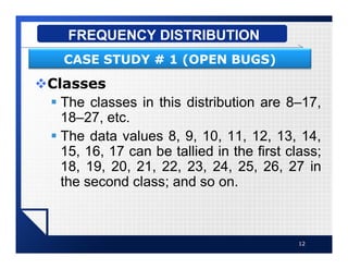 vClasses
§ The classes in this distribution are 8–17,
18–27, etc.
§ The data values 8, 9, 10, 11, 12, 13, 14,
15, 16, 17 can be tallied in the first class;
18, 19, 20, 21, 22, 23, 24, 25, 26, 27 in
the second class; and so on.
12
FREQUENCY DISTRIBUTION
CASE STUDY # 1 (OPEN BUGS)
 