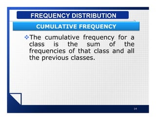 vThe cumulative frequency for a
class is the sum of the
frequencies of that class and all
the previous classes.
14
FREQUENCY DISTRIBUTION
CUMULATIVE FREQUENCY
 