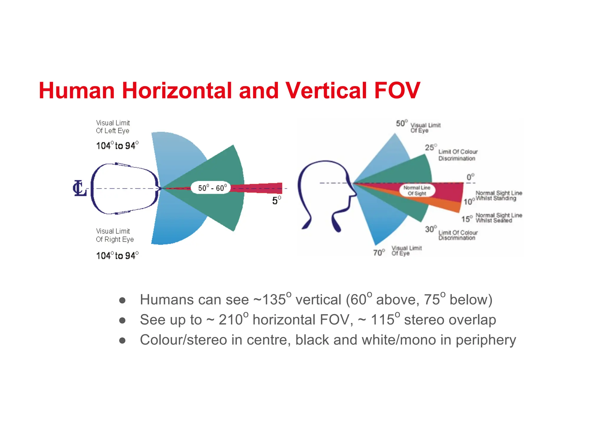 Human Horizontal and Vertical FOV
● Humans can see ~135
o
vertical (60
o
above, 75
o
below)
● See up to ~ 210
o
horizontal FOV, ~ 115
o
stereo overlap
● Colour/stereo in centre, black and white/mono in periphery
 