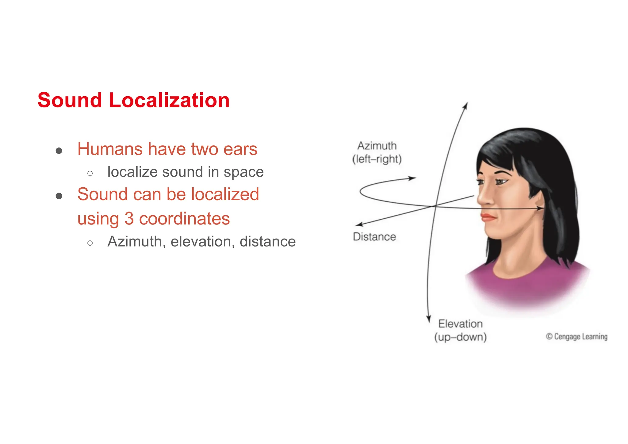 Sound Localization
● Humans have two ears
○ localize sound in space
● Sound can be localized
using 3 coordinates
○ Azimuth, elevation, distance
 