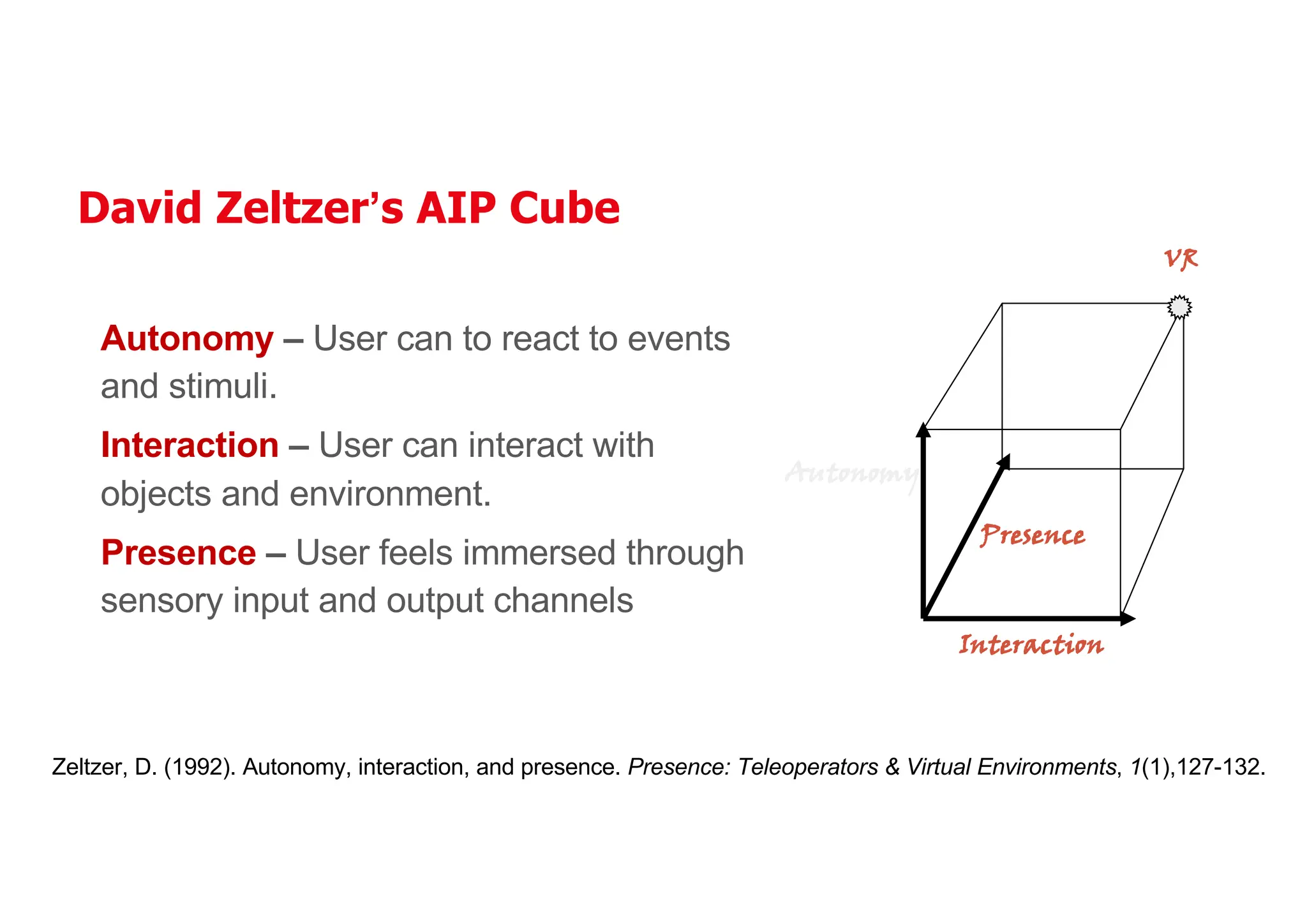 David Zeltzer’s AIP Cube
Autonomy – User can to react to events
and stimuli.
Interaction – User can interact with
objects and environment.
Presence – User feels immersed through
sensory input and output channels
Interaction
Autonomy
Presence
VR
Zeltzer, D. (1992). Autonomy, interaction, and presence. Presence: Teleoperators & Virtual Environments, 1(1),127-132.
 