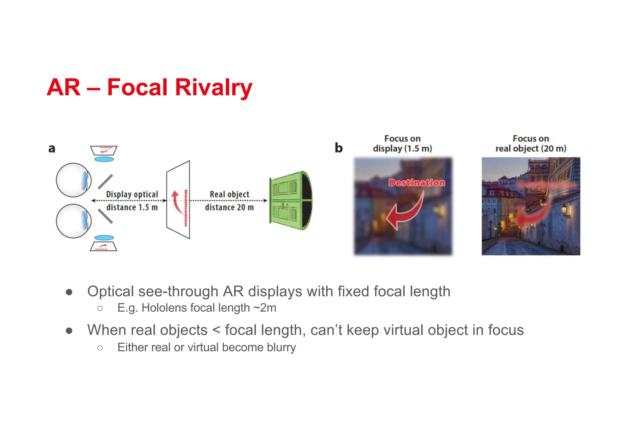 AR – Focal Rivalry
● Optical see-through AR displays with fixed focal length
○ E.g. Hololens focal length ~2m
● When real objects < focal length, can’t keep virtual object in focus
○ Either real or virtual become blurry
 