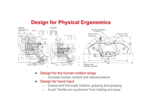 Design for Physical Ergonomics
● Design for the human motion range
○ Consider human comfort and natural posture
● Design for hand input
○ Coarse and fine scale motions, gripping and grasping
○ Avoid “Gorilla arm syndrome” from holding arm pose
 