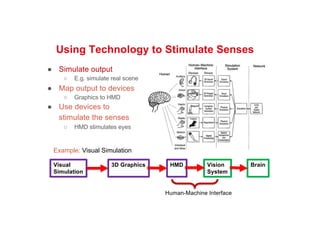 Using Technology to Stimulate Senses
● Simulate output
○ E.g. simulate real scene
● Map output to devices
○ Graphics to HMD
● Use devices to
stimulate the senses
○ HMD stimulates eyes
Visual
Simulation
3D Graphics HMD Vision
System
Brain
Example: Visual Simulation
Human-Machine Interface
 