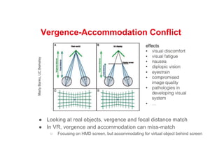 Vergence-Accommodation Conflict
● Looking at real objects, vergence and focal distance match
● In VR, vergence and accommodation can miss-match
○ Focusing on HMD screen, but accommodating for virtual object behind screen
 