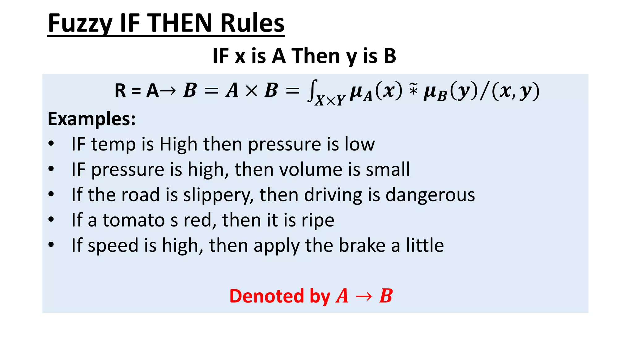 Fuzzy IF THEN Rules IF x is A Then y is B R = A→ 𝑩 = 𝑨 × 𝑩 = ‫׬‬ 𝑿×𝒀 Τ 𝝁𝑨 𝒙 ෤ ∗ 𝝁𝑩 𝒚 (𝒙, 𝒚) Examples: • IF temp is High then pressure is low • IF pressure is high, then volume is small • If the road is slippery, then driving is dangerous • If a tomato s red, then it is ripe • If speed is high, then apply the brake a little Denoted by 𝑨 → 𝑩 