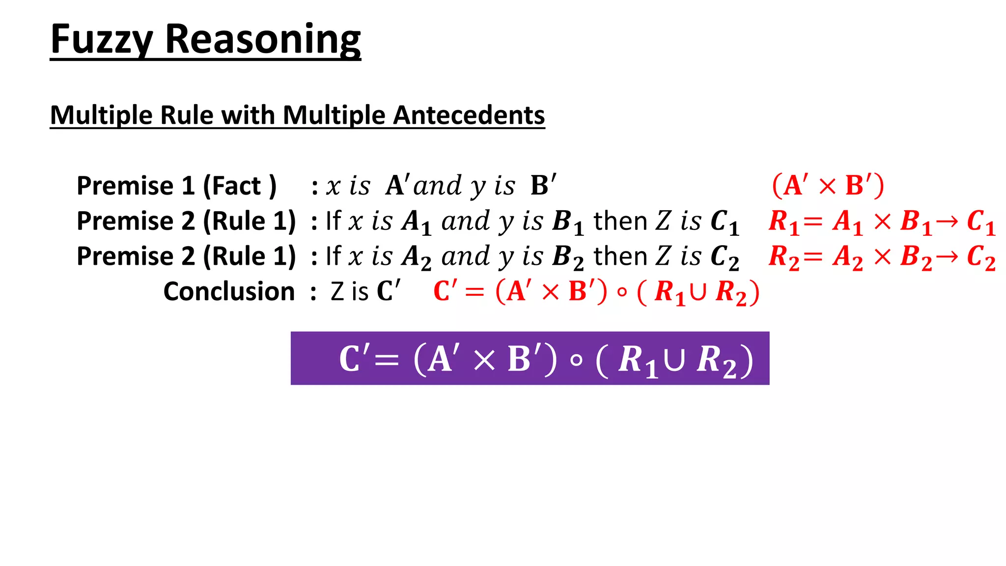 Fuzzy Reasoning Multiple Rule with Multiple Antecedents Premise 1 (Fact ) : 𝑥 𝑖𝑠 𝐀′ 𝑎𝑛𝑑 𝑦 𝑖𝑠 𝐁′ 𝐀′ × 𝐁′ Premise 2 (Rule 1) : If 𝑥 𝑖𝑠 𝑨𝟏 𝑎𝑛𝑑 𝑦 𝑖𝑠 𝑩𝟏 then 𝑍 𝑖𝑠 𝑪𝟏 𝑹𝟏= 𝑨𝟏 × 𝑩𝟏→ 𝑪𝟏 Premise 2 (Rule 1) : If 𝑥 𝑖𝑠 𝑨𝟐 𝑎𝑛𝑑 𝑦 𝑖𝑠 𝑩𝟐 then 𝑍 𝑖𝑠 𝑪𝟐 𝑹𝟐= 𝑨𝟐 × 𝑩𝟐→ 𝑪𝟐 Conclusion : Z is 𝐂′ 𝐂′ = 𝐀′ × 𝐁′ ∘ ( 𝑹𝟏∪ 𝑹𝟐) 𝐂′ = 𝐀′ × 𝐁′ ∘ ( 𝑹𝟏∪ 𝑹𝟐) 