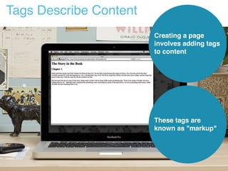 Tags Describe Content
These tags are
known as "markup"
Creating a page
involves adding tags
to content
 