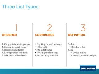 1. Chop potatoes into quarters
2. Simmer in salted water
3. Heat milk and butter
4. Drain potatoes and mash
5. Mix in the milk mixture
Three List Types
UNORDERED DEFINITIONORDERED
• 1kg King Edward potatoes
• 100ml milk
• 50g salted butter
• Freshly grated nutmeg
• Salt and pepper to taste
Sashimi
Sliced raw fish
Scale
A device used to
accurately measure weight
 