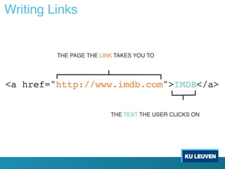 Writing Links
<a href="http://www.imdb.com">IMDB</a>
THE PAGE THE LINK TAKES YOU TO
THE TEXT THE USER CLICKS ON
 
