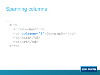 ...
<tr>
<th>Monday</th>
<td colspan="2">Geography</td>
<td>Math</td>
<td>Art</td>
</tr>
...
Spanning columns
 