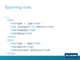 ...
<tr>
<th>6pm - 7pm</th>
<td rowspan="2">Movie</td>
<td>Comedy</td>
<td>News</td>
</tr>
<tr>
<th>7pm - 8pm</th>
<td>Sport</td>
<td>Current Affairs</td>
</tr>
Spanning rows
 
