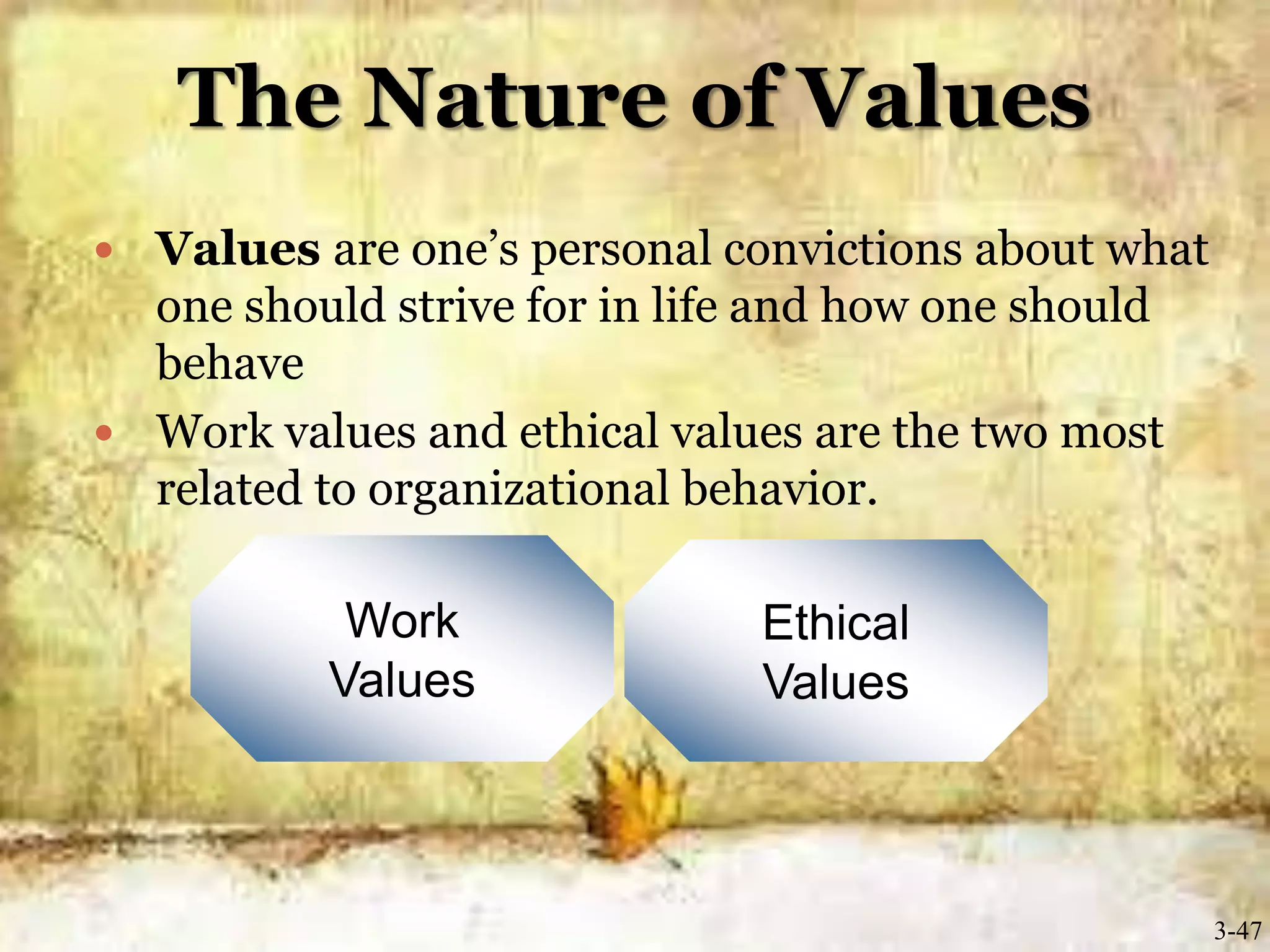 The Nature of Values
 Values are one’s personal convictions about what
one should strive for in life and how one should
behave
 Work values and ethical values are the two most
related to organizational behavior.
Work
Values
Ethical
Values
3-47
 